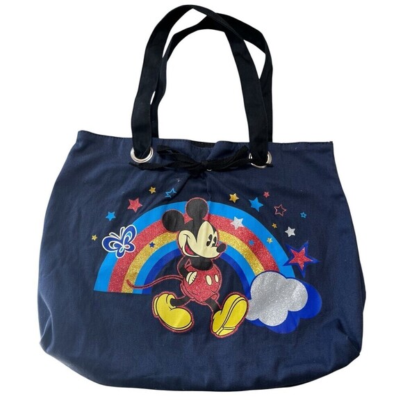 Disney Mickey Mouse Navy Canvas Tote Rainbow Sparkle Stars Butterfly Clouds - Picture 1 of 6